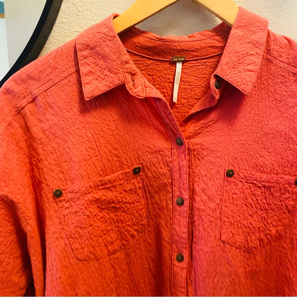 FREE PEOPLE Coral Crepe Oversized textured Button Down Long Sleeve Top - Picture 5 of 7